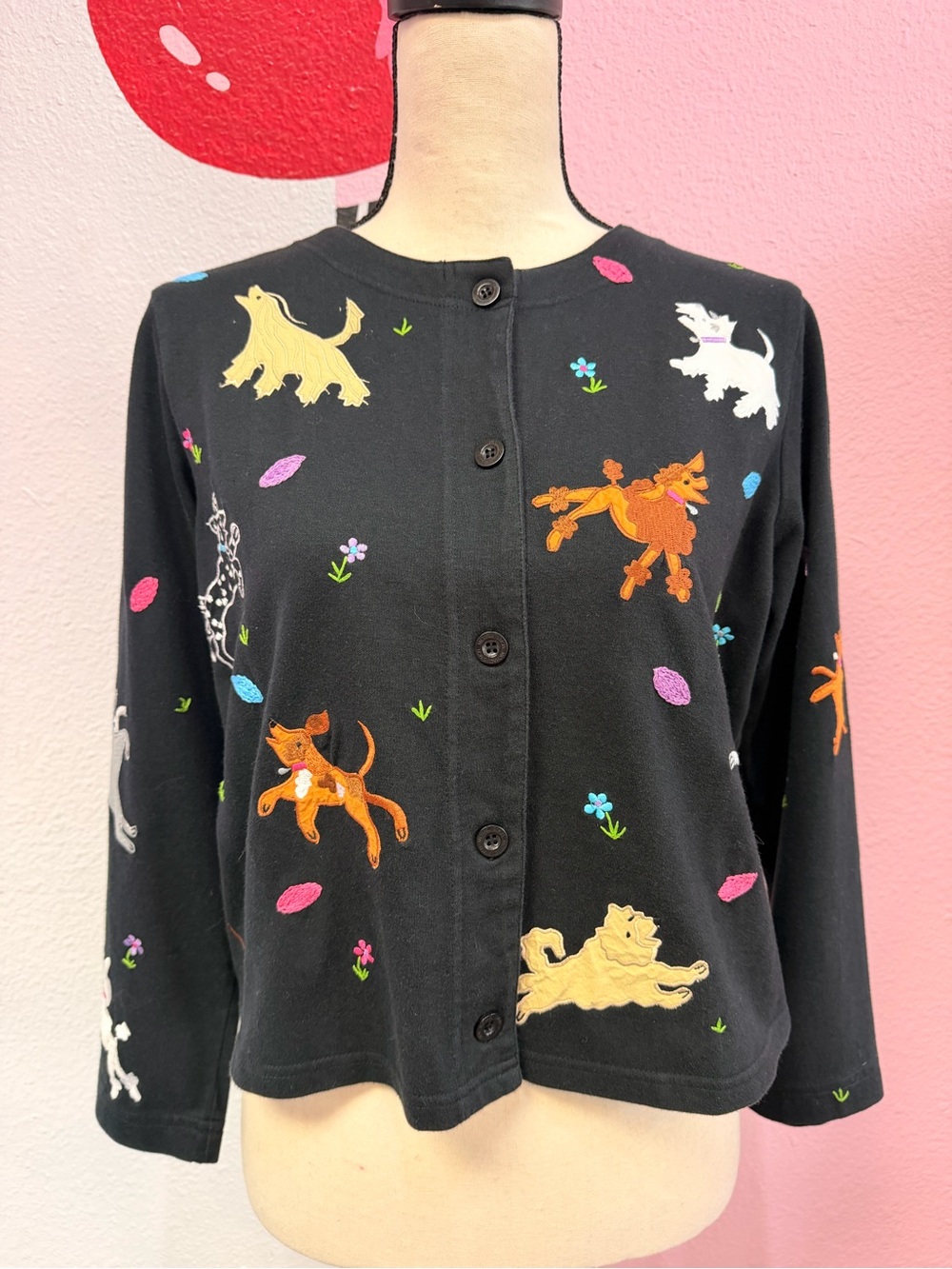 Michael Simon Lite Vintage Dog Themed Cotton Button Down Cardigan Size Small